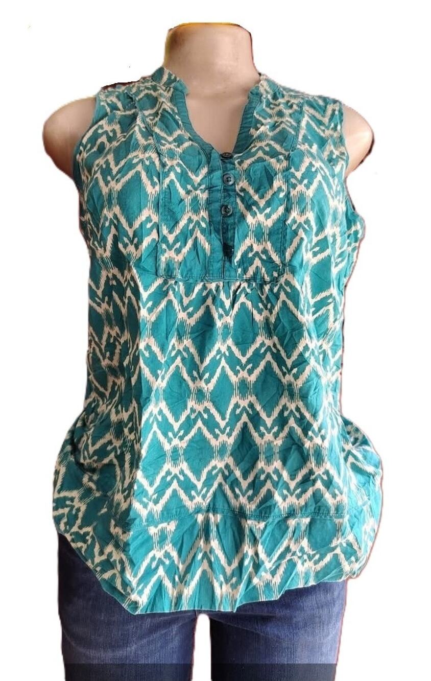 St. John's Bay Teal Geometric 100% Cotton Sleeveless Split Neck Tank - Women's L